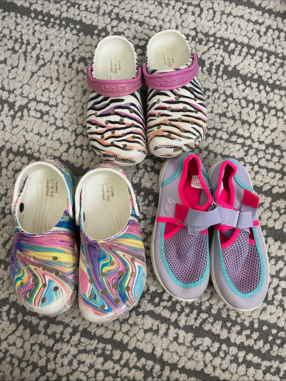CROCS Kids Mixed Pattern Lot — Zebra, Swirl & Pink/Purple Active Sandals